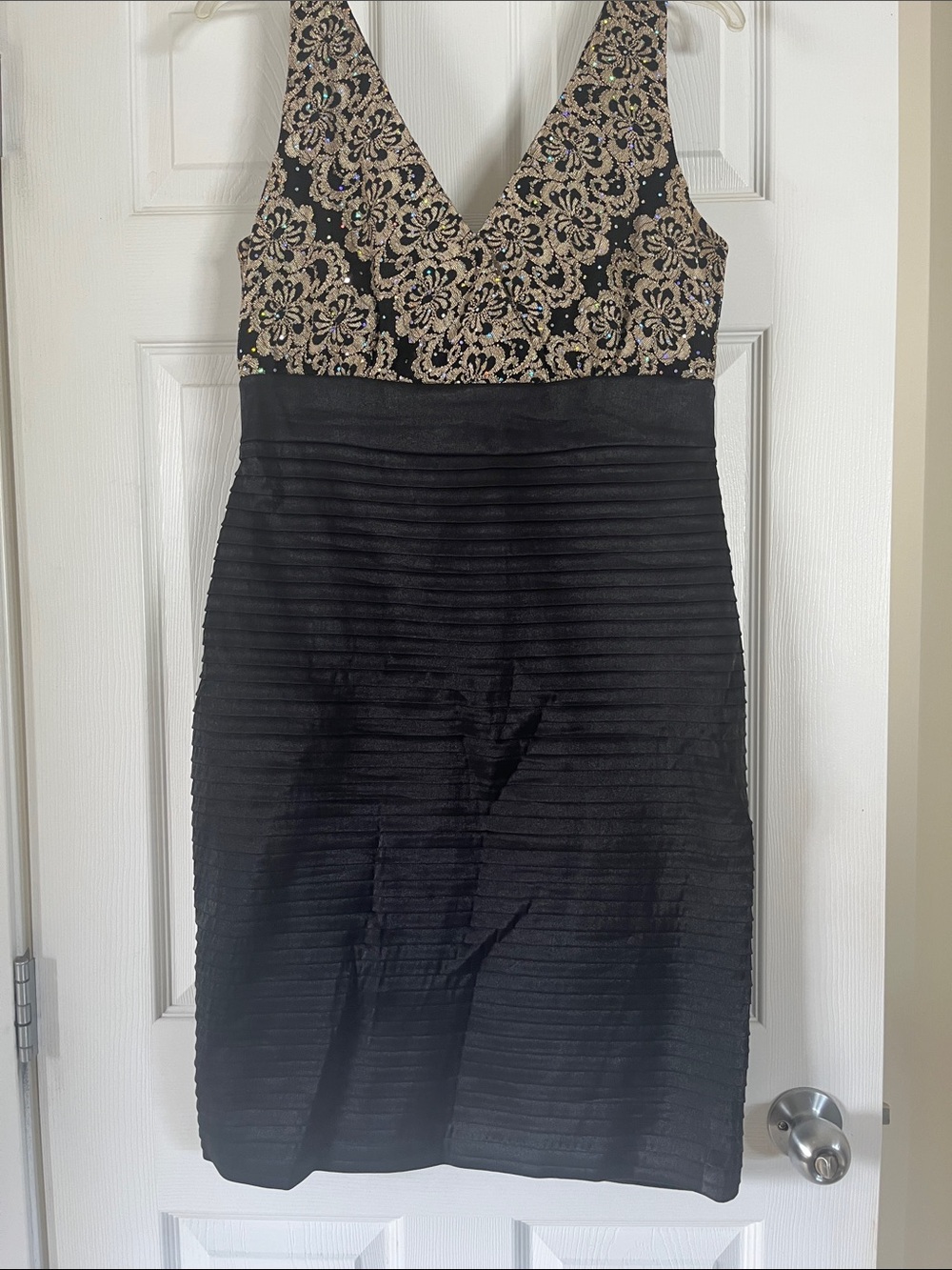 Black and Gold V-Neck Midi Dress with Embroidered Bodice